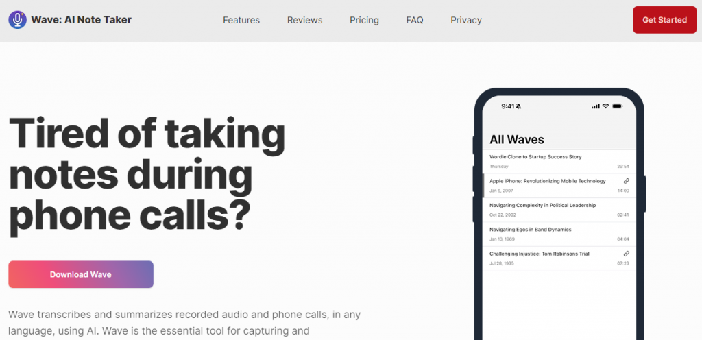 AI Productivity Tools named WaveAI Note Taker with sample phone
