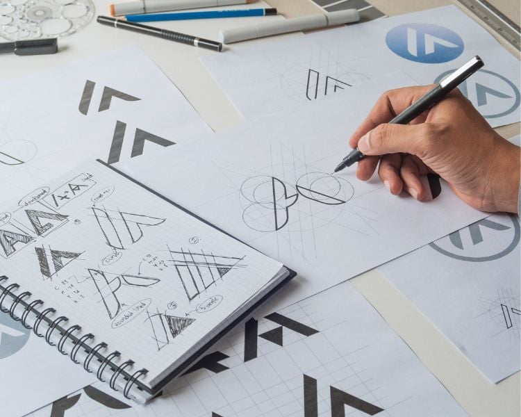 A hand designing a logo in papers and notebooks with a black pen