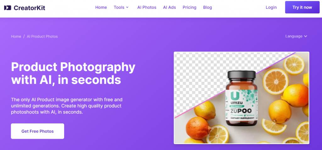 creator kit with oranges and medicine bottle screenshot webpage