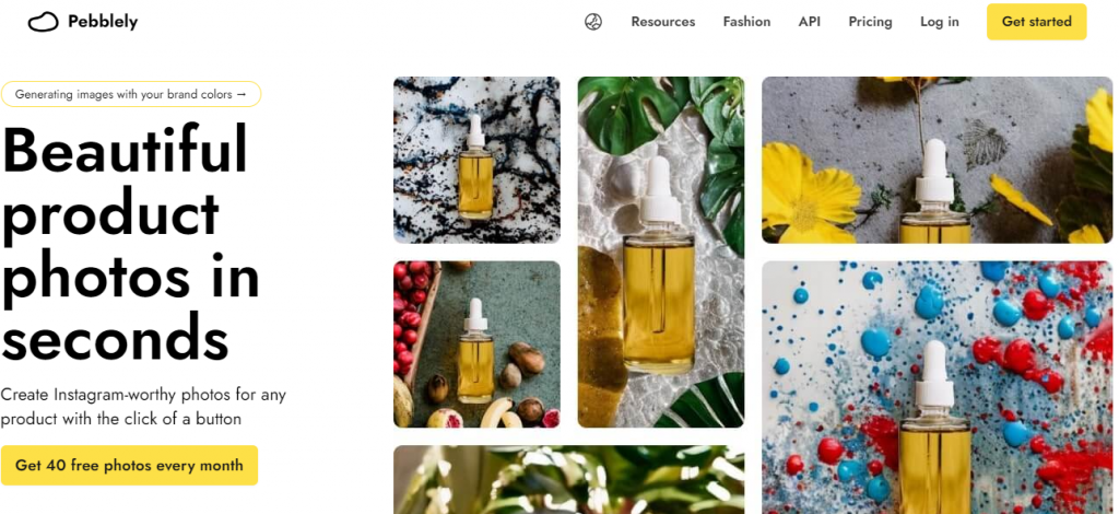 pebblely screenshot as an ai product images tool with yellow and drops bottle