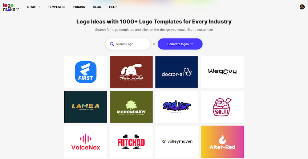 logo template for every industry - landing page of logomakerr.ai