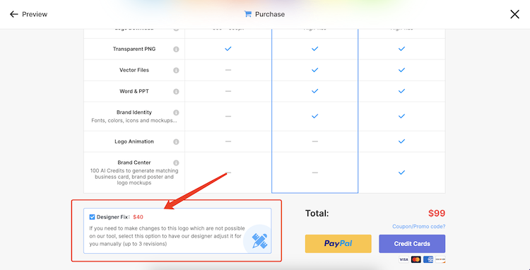 Designer Fix that costs $40 upo to 3 revisions on the pricing page