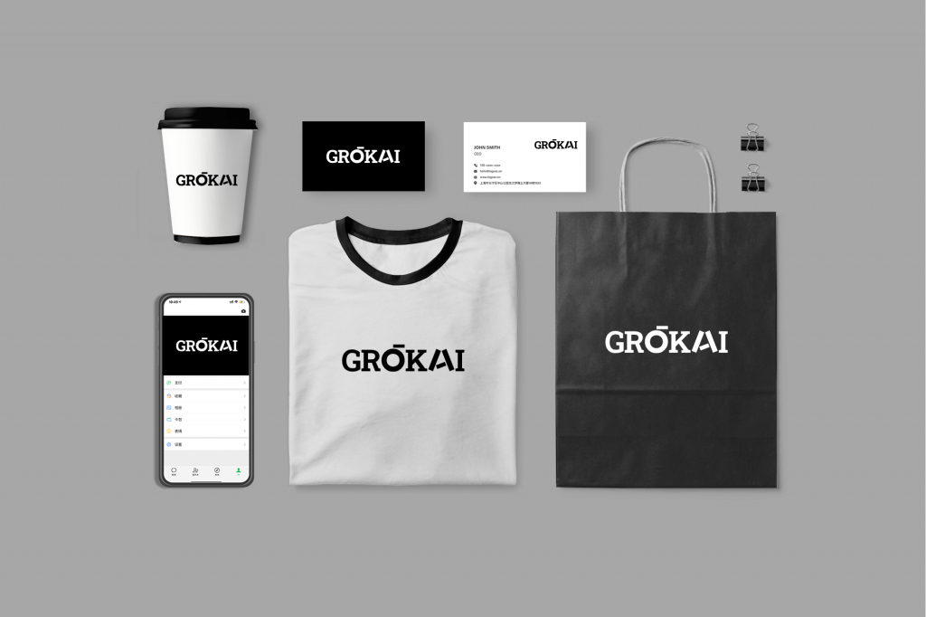 Grok AI logo design product mockups in phones, paper bag, shirt, coffee cup, business cards