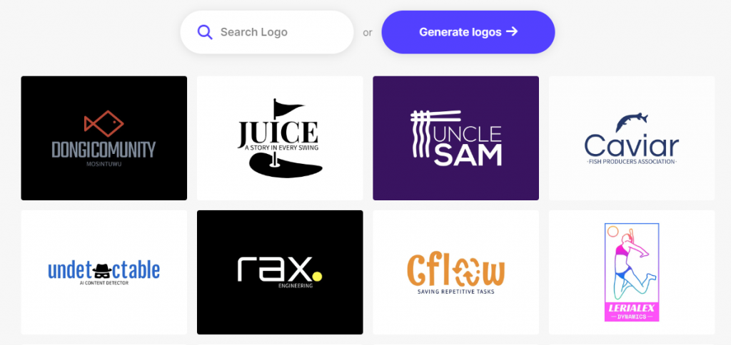 Logomakerr.ai sample logos in different colors of blue, black, and white backgrounds