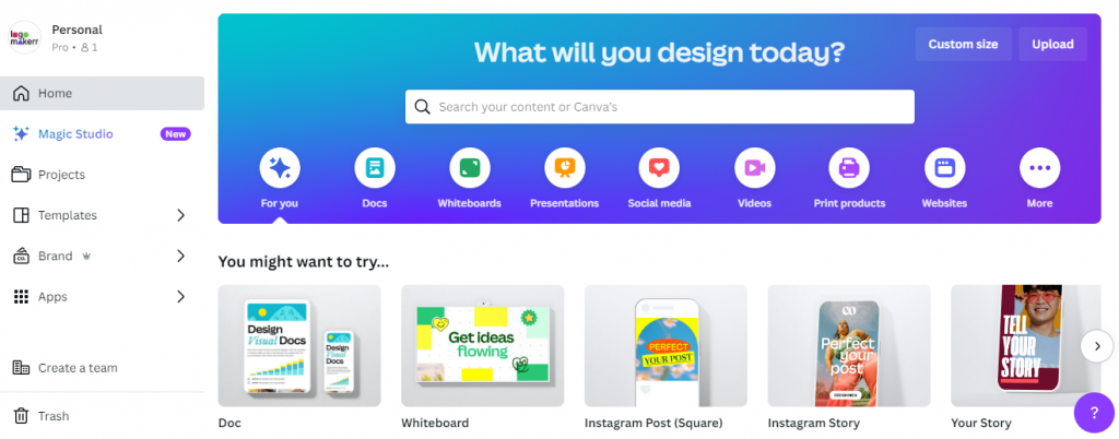 Canva homepage login of Logomakerr.ai with big text phrase 'What will you design today?'