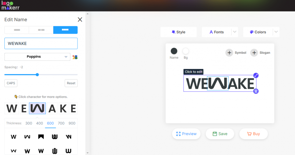 logomakerr.ai Edit Name interface for WeWake split font logo design feature