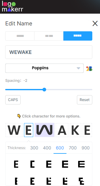 logomakerr.ai tab to feature split font logo changes in the WeWake logo design