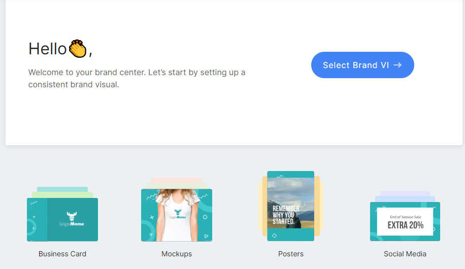 Logomakerr.ai brand center with business card, mockups, posters, and social media available