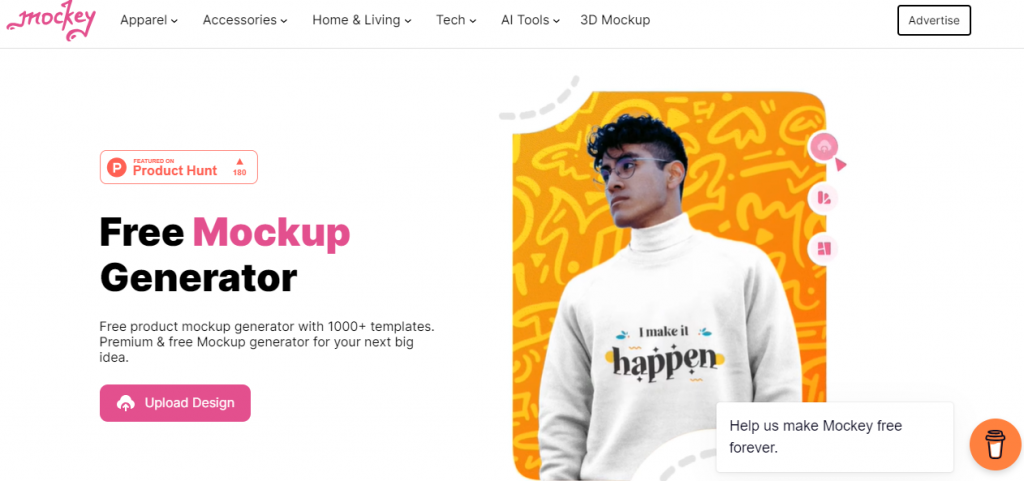 mockey.ai AI mockup tool landing page with a man in sweaters