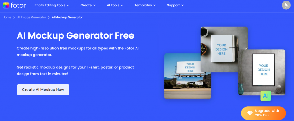 Fotor AI mockup tool landing page with notebook, billboard, and poster samples