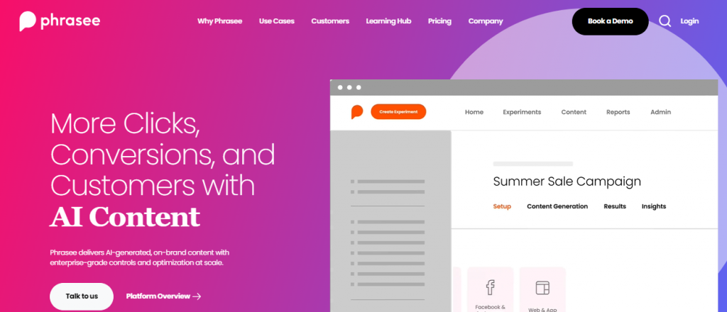 Phrasee Landing page with computer screenshot in pink background
