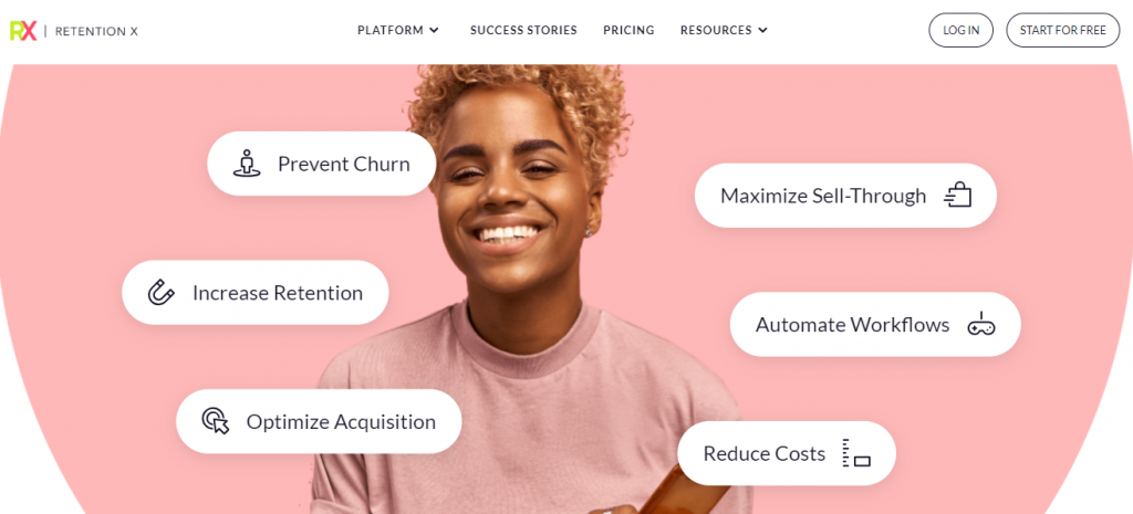 RetentionX landing page with pink background and a person in pink shirt smiling