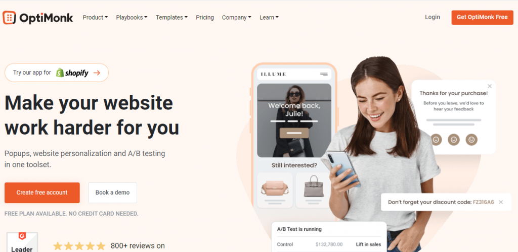 OptiMonk landing page with phones and person in white shirt smiling while shopping