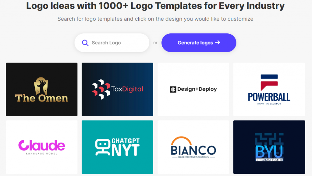 Logomakerr.ai landing page with different logo templates
