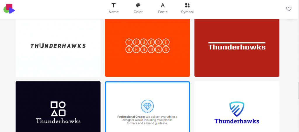 Logomakerr.ai create a logo page with different sample logos under the name Thunderhawks