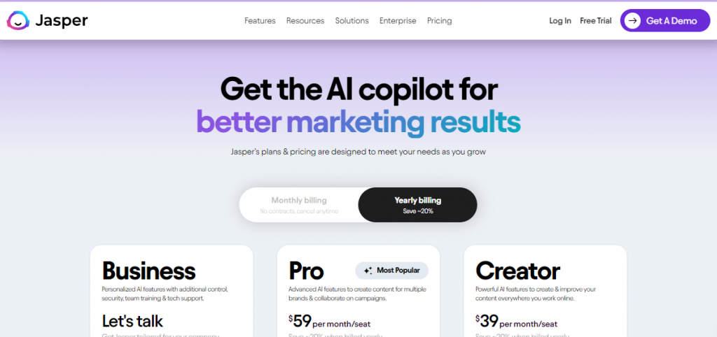 AI ecommerce tools - Jasper AI landing page with logo and H1