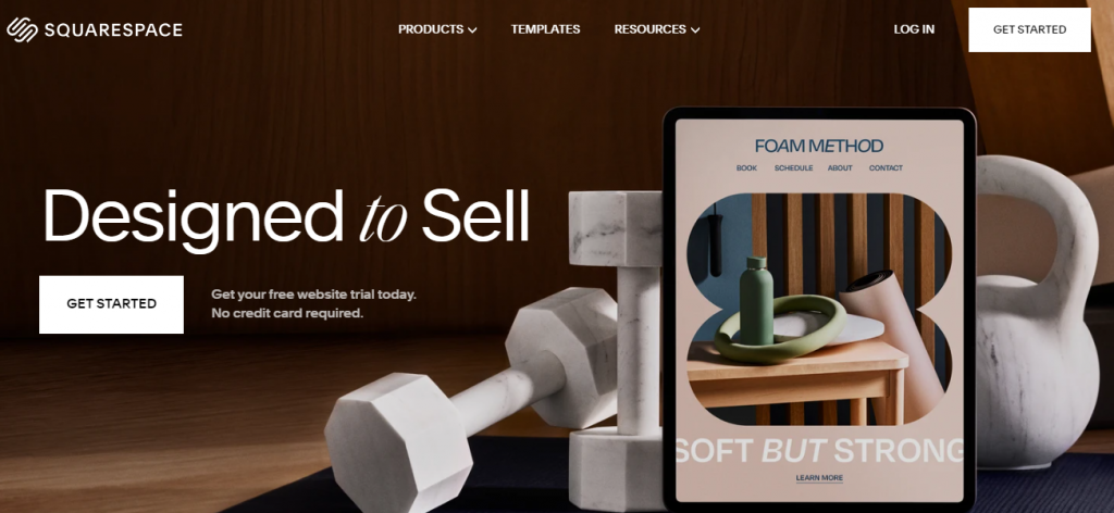 SquareSpace landing page with exercise tools and big word 'Designed to Sell'