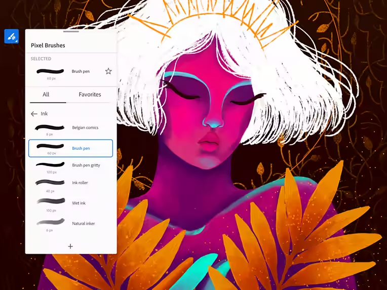 A screenshot of an AI image editor called Adobe Fresco with woman in digital paint and pixel brushes