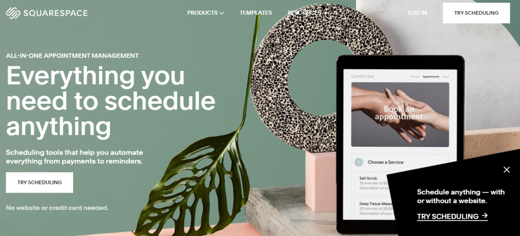 SquareSpace landing page for scheduling with leaf, hands, and tablet. 