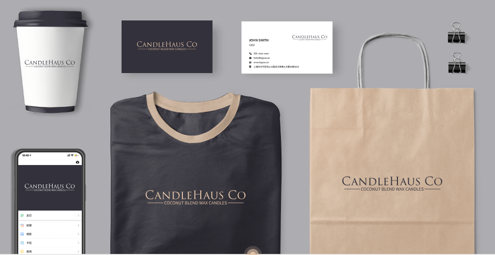 product mockups with shirts, phone, cup, paper bag, in Candlehaus co. logo