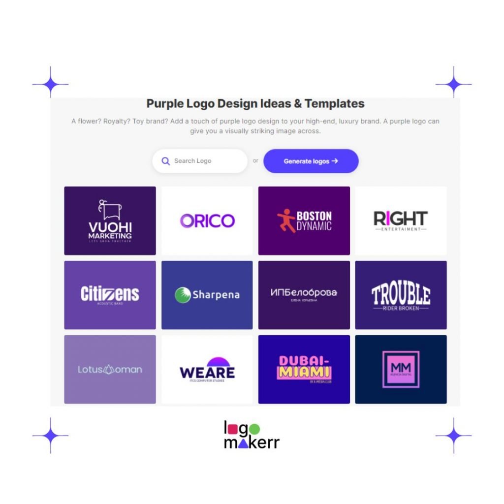 AI logo generator Logo Maker AI with purple logo designs templates