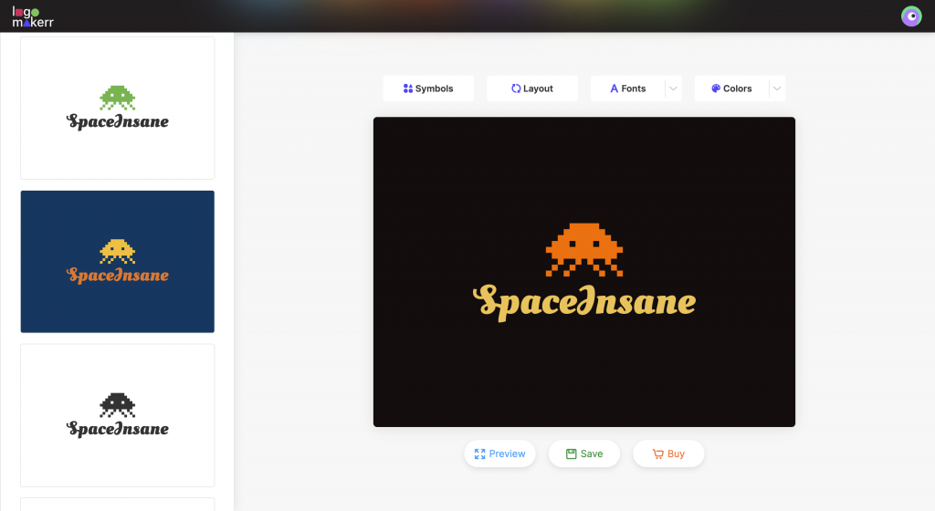 Logomakerr.ai design page with logo SpaceInsane