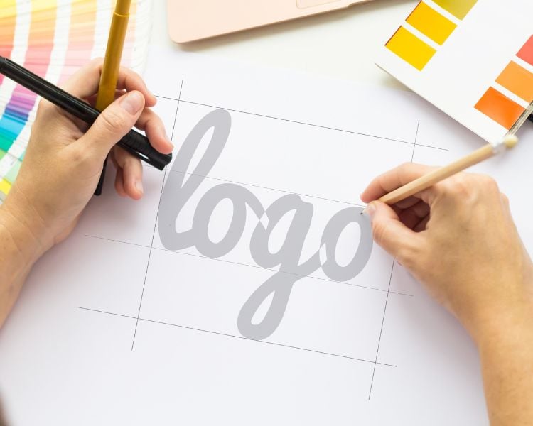 das Wort "Logo" in einer Schriftart mit Händen, um Logos mit Schrift zu symbolisieren