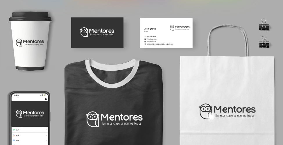 Picture of cup, paper bag, shirt, phone, etc, with logo named Mentores for rebrand