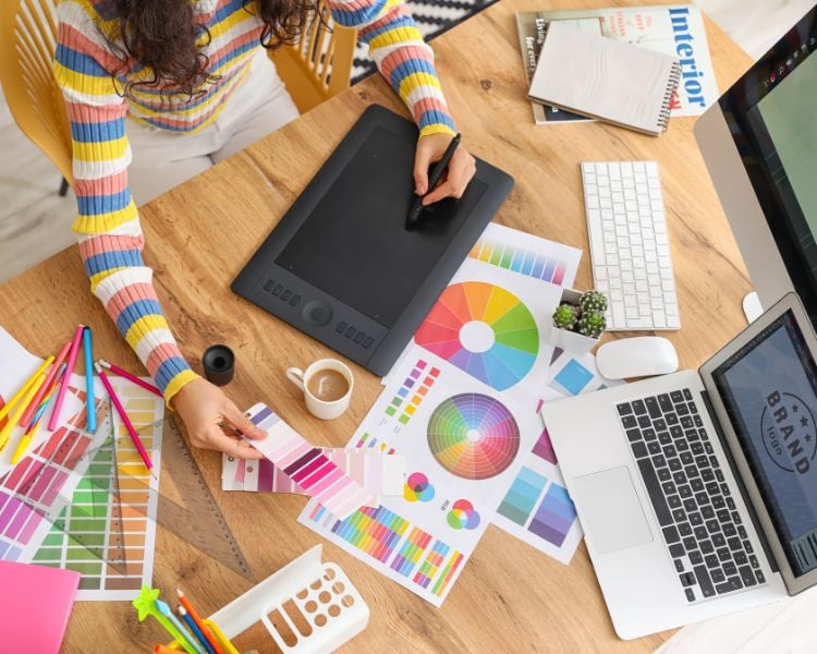 colorful palette for a logo, with a laptop, computer, and tablet