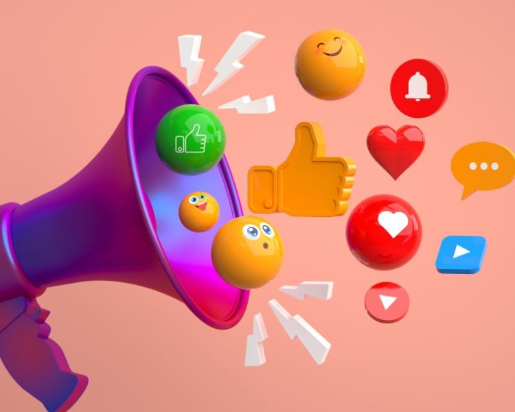 a 3D megaphone, emoticons, etc in a pink background