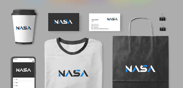 NASA logo form Logomakerr.ai brand kit with shirt, cup, paper bag, phone, and business cards