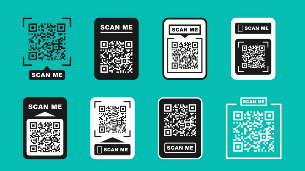 QR codes samples in 8 codes with 'SCAN ME' phrases