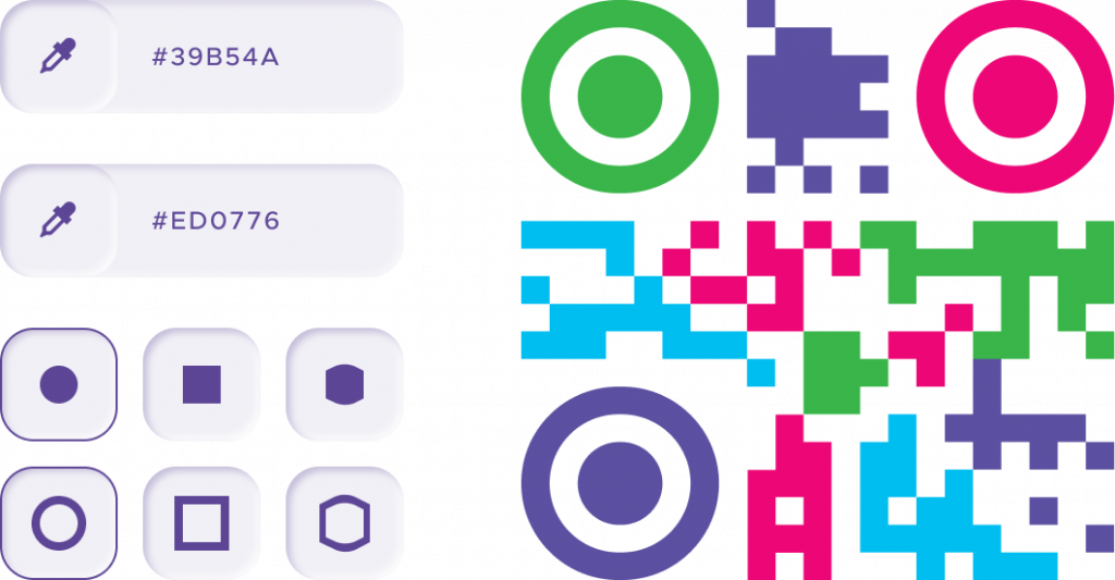 QR Code generator name QRStuff in green, pink, purple sample color scheme