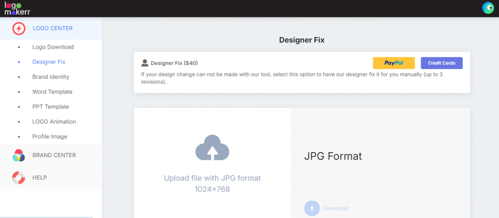 Logomakerr.ai Designer Fix Feature in an account Logo Center