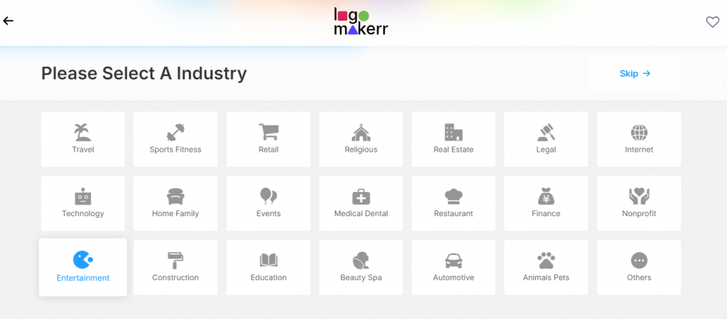 Logomakerr.ai Select A Industry page