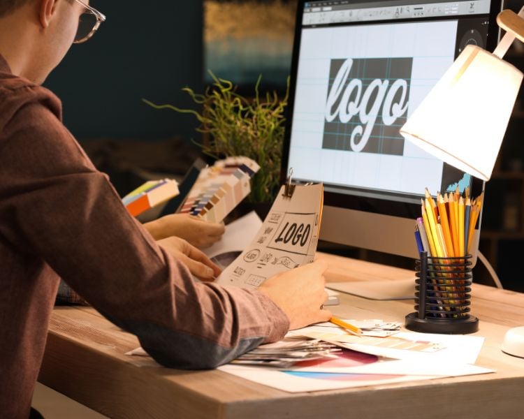 a man designing a lettermark logo with many pencils and in a computer