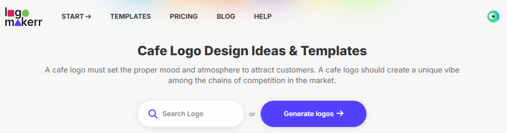 Logomakerr.ai landing page for pre-designed templates on cafe logo