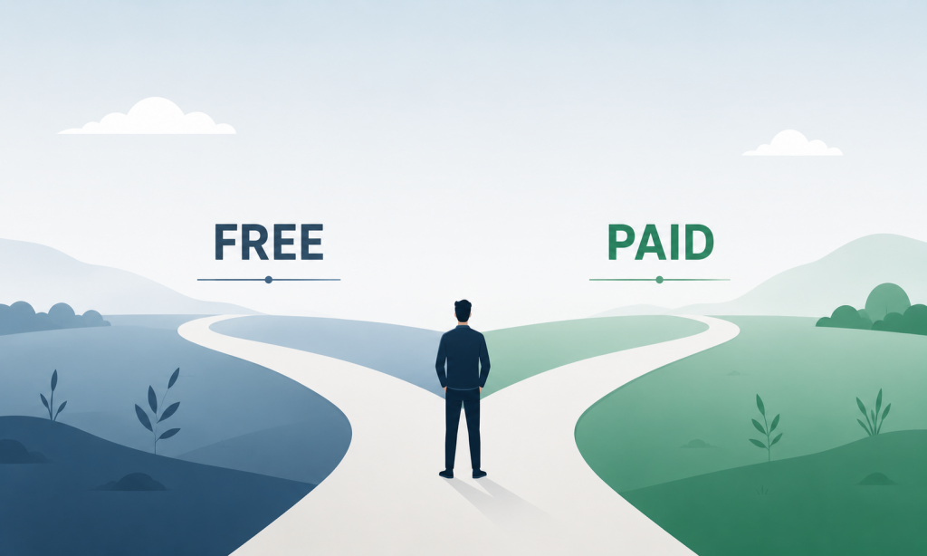 Minimalist illustration of a business owner choosing between a free logo maker and a paid logo maker for professional branding.