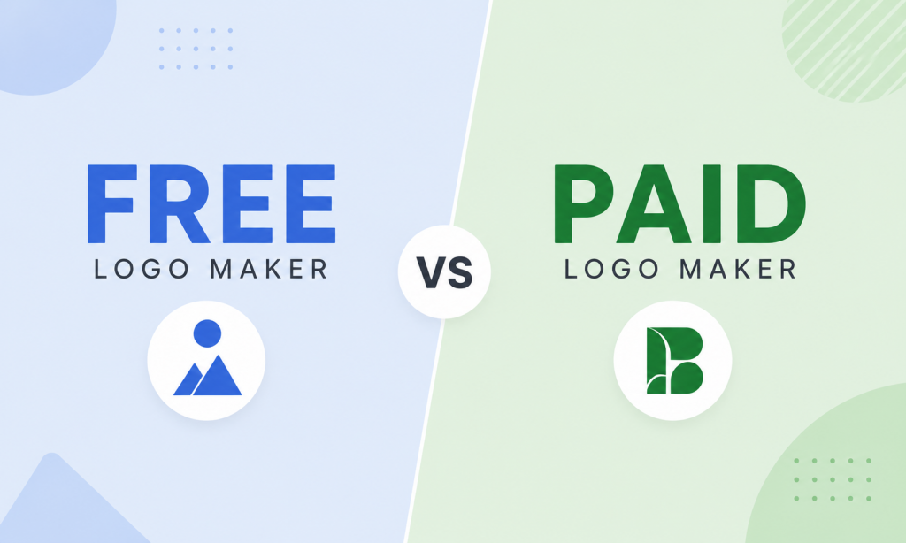 Minimalist comparison showing free logo maker versus paid logo maker with side-by-side logo cards and premium branding features.