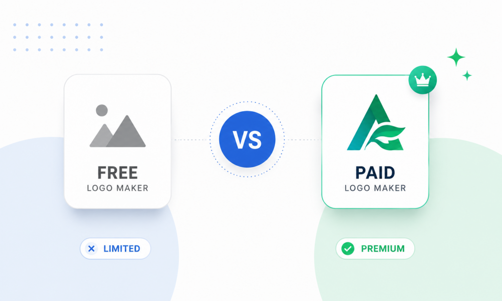 Modern free versus paid logo maker comparison graphic highlighting premium branding assets, customization, and vector logo files.