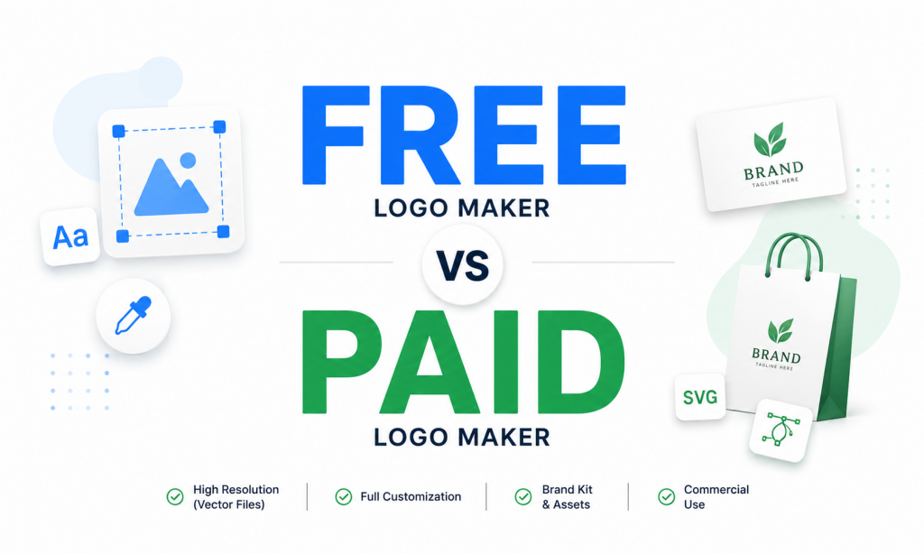 Infographic comparing free logo maker and paid logo maker options including customization, branding assets, and commercial usage rights.