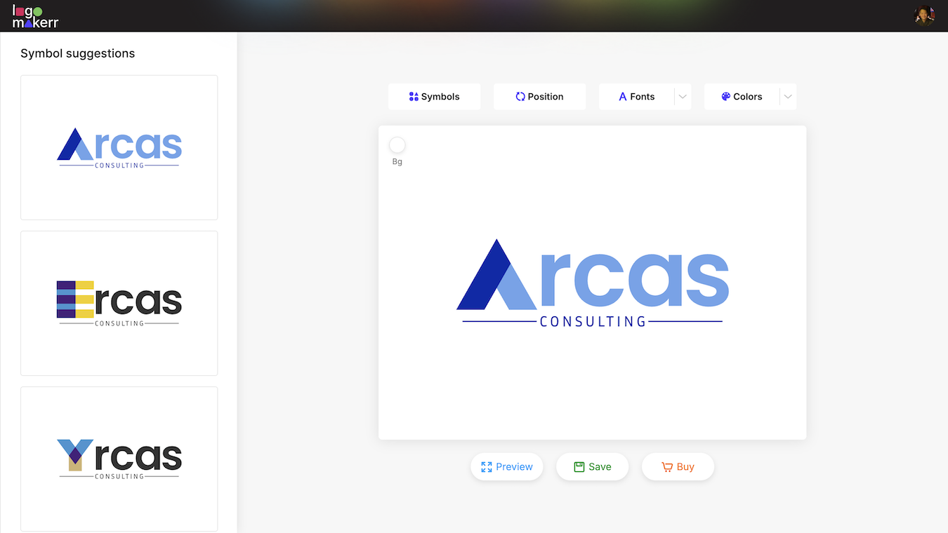 Logomakerr editor showing an Arcas Consulting wordmark alongside three different symbol suggestions