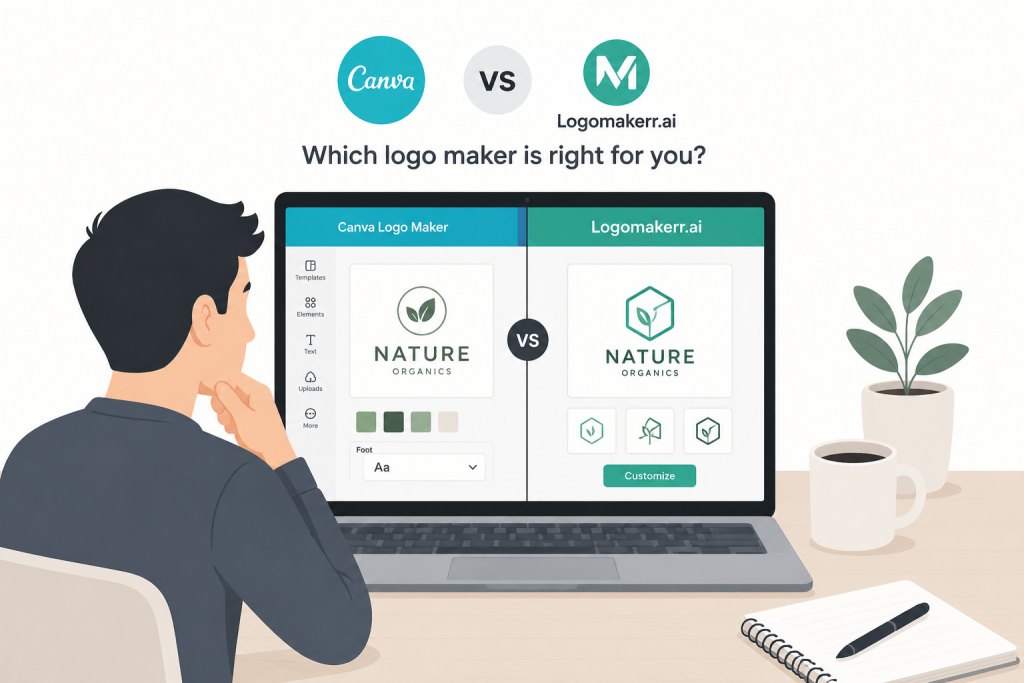 Minimalist illustration showing how an AI logo generator creates logo concepts from a business name, industry, and design preferences.