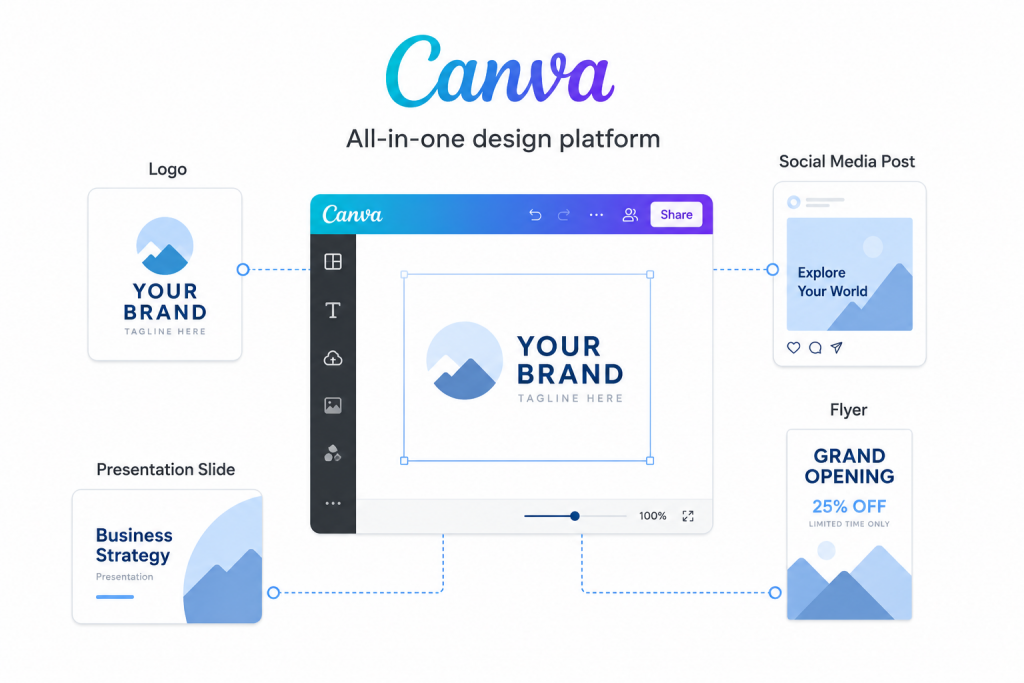 Minimalist illustration showing Canva's all-in-one design platform with logo creation, presentations, flyers, and social media graphics.