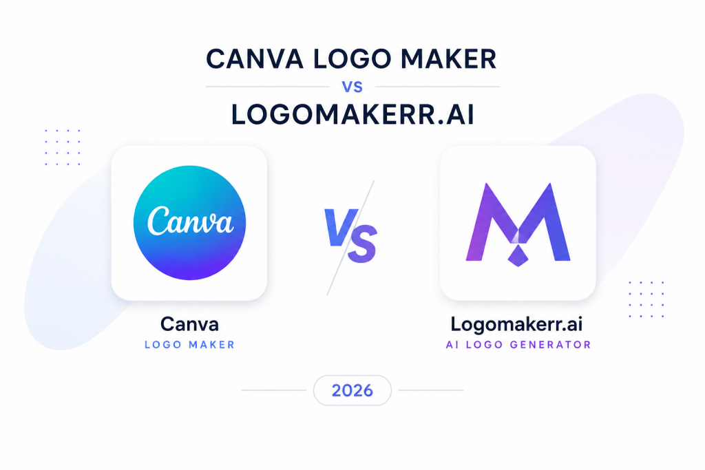 Minimalist comparison showing template-based logo editing versus AI-generated logo concepts for creating unique business logos.