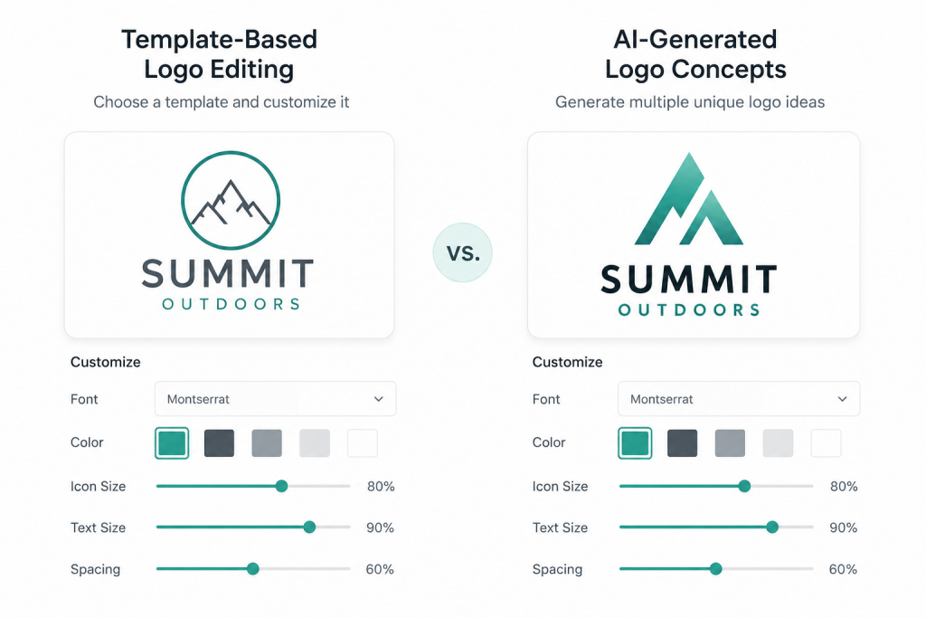 Minimalist comparison showing template-based logo editing versus AI-generated logo concepts for creating unique business logos.