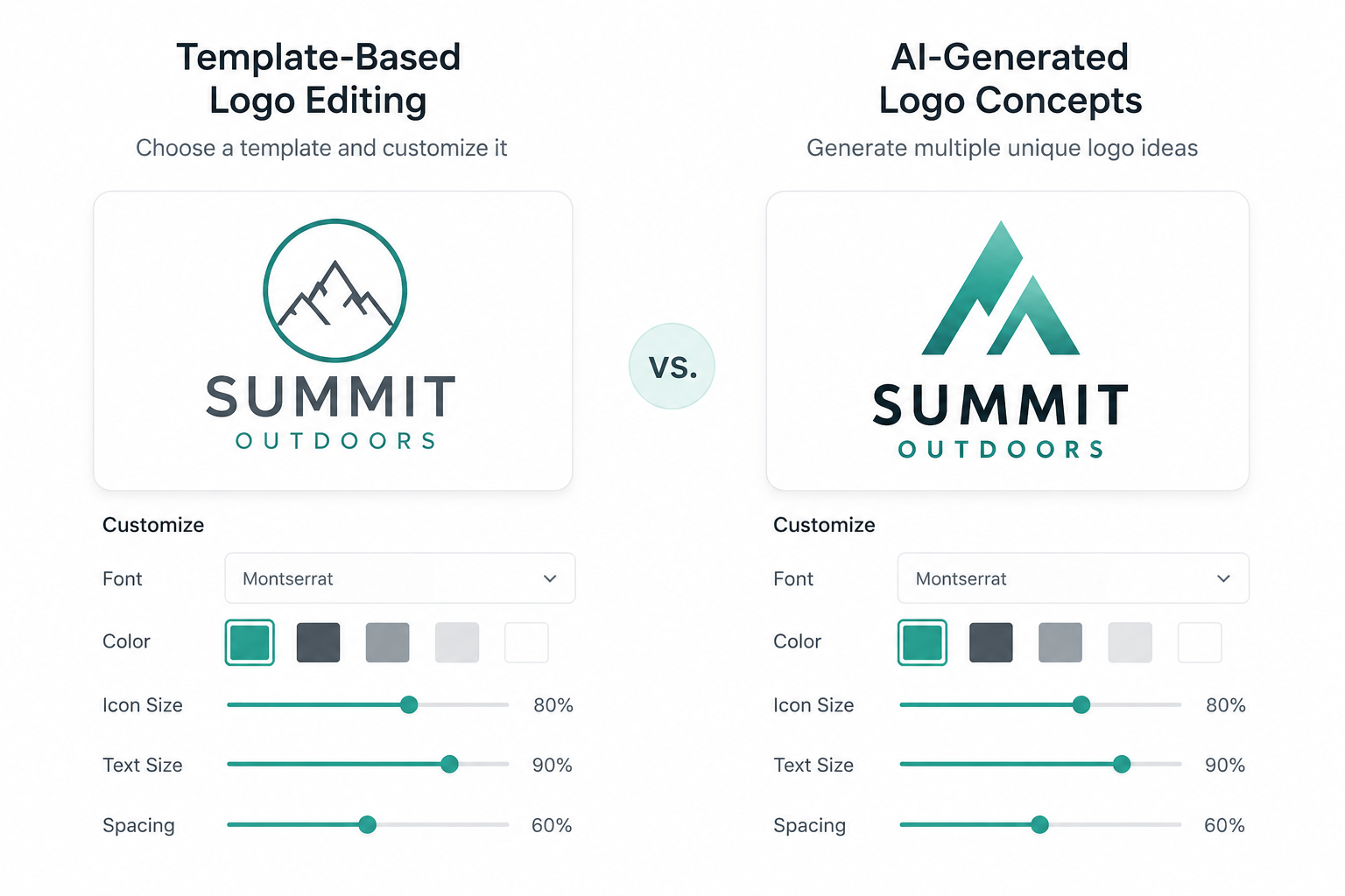 Comparison of template-led logo customization and AI-led logo generation