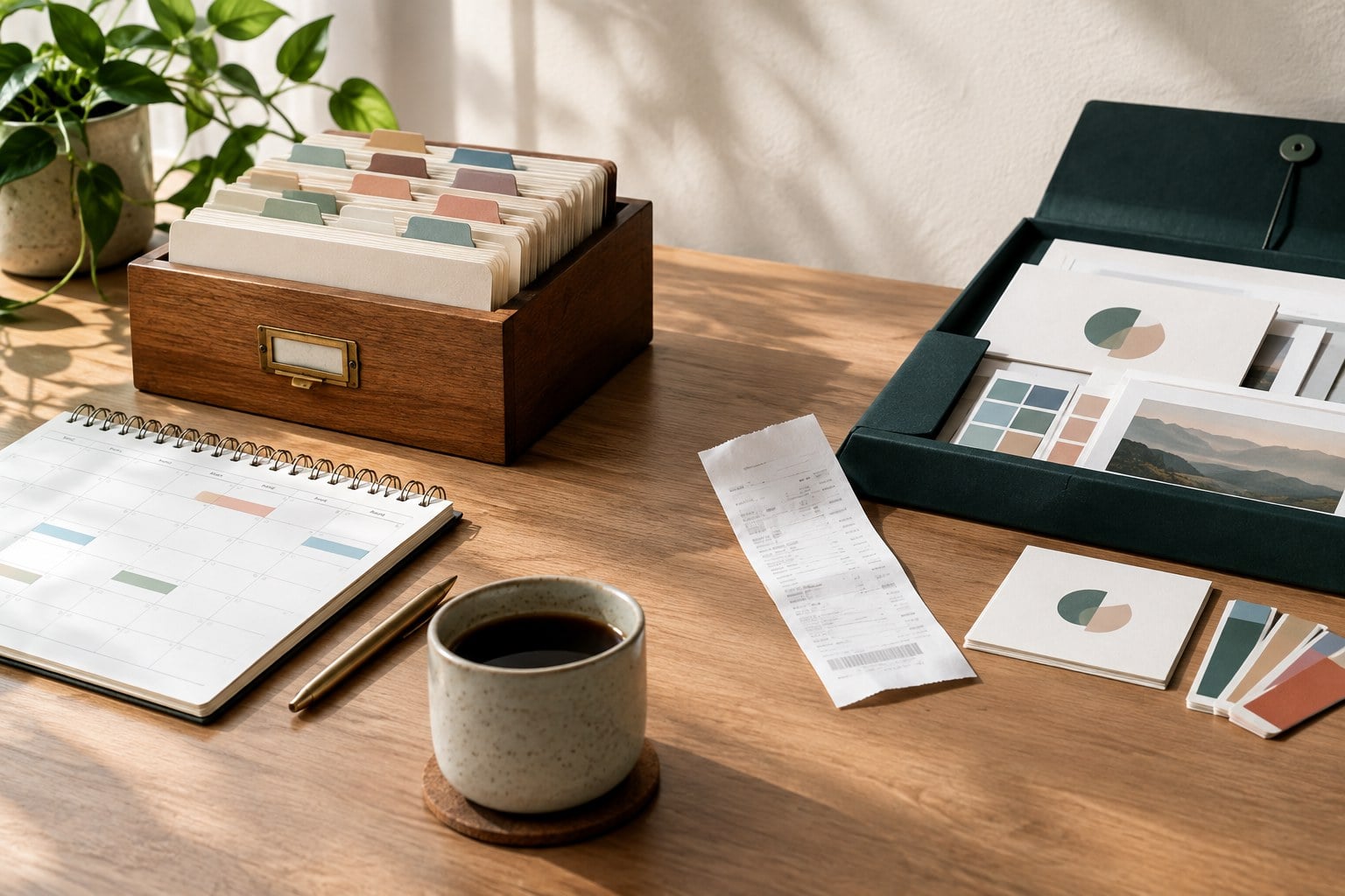 Editorial desk comparing a recurring design-library budget with a one-time logo file package and organized brand assets