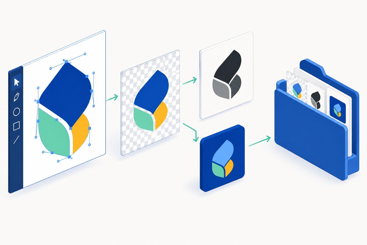Technical workstation showing vector paths, transparent PNG, print proof and organized logo master files