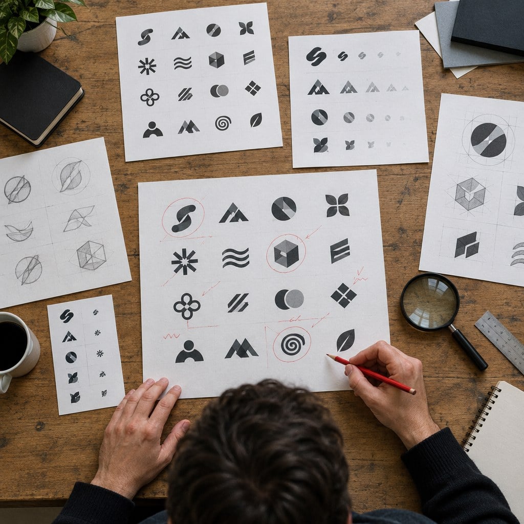 Printed logo candidates reviewed with a magnifying glass, annotation marks and black-and-white test samples